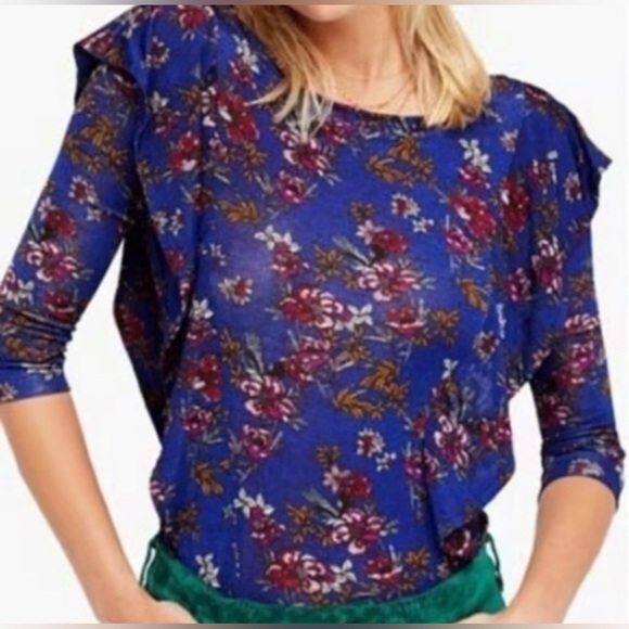 Free People Tops - Free People Dock Street Knit Top Royal Blue Floral Shirt Women’s Size M NWOT